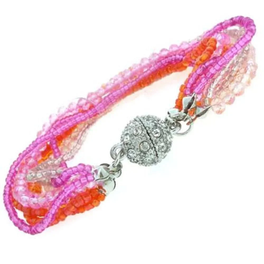 Magnetic Closure Pave Ball Hot Pink Orange Facet Crystal Multi Layered Bracelet